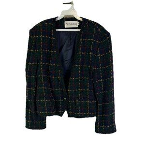 Vintage 80s Rockabilly Blazer Jacket Wool Rainbow Plaid Cropped USA